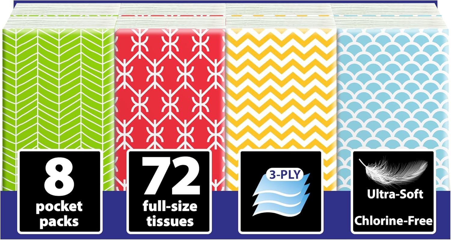 Travel Tissue Packs – 8 Compact 3-Ply Packs (72 Total), Soft Chlorine-Free Facial Tissues for Purse, Car, or School, Gentle & Durable, Non-Bleach, Stylish Geometric Design