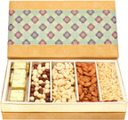 Ghasitaram Gifts Diwali Gifts Diwali Dryfruit - 5 Part Print Almonds, Cashews, Nutties, Namkeen and Chocolate Box