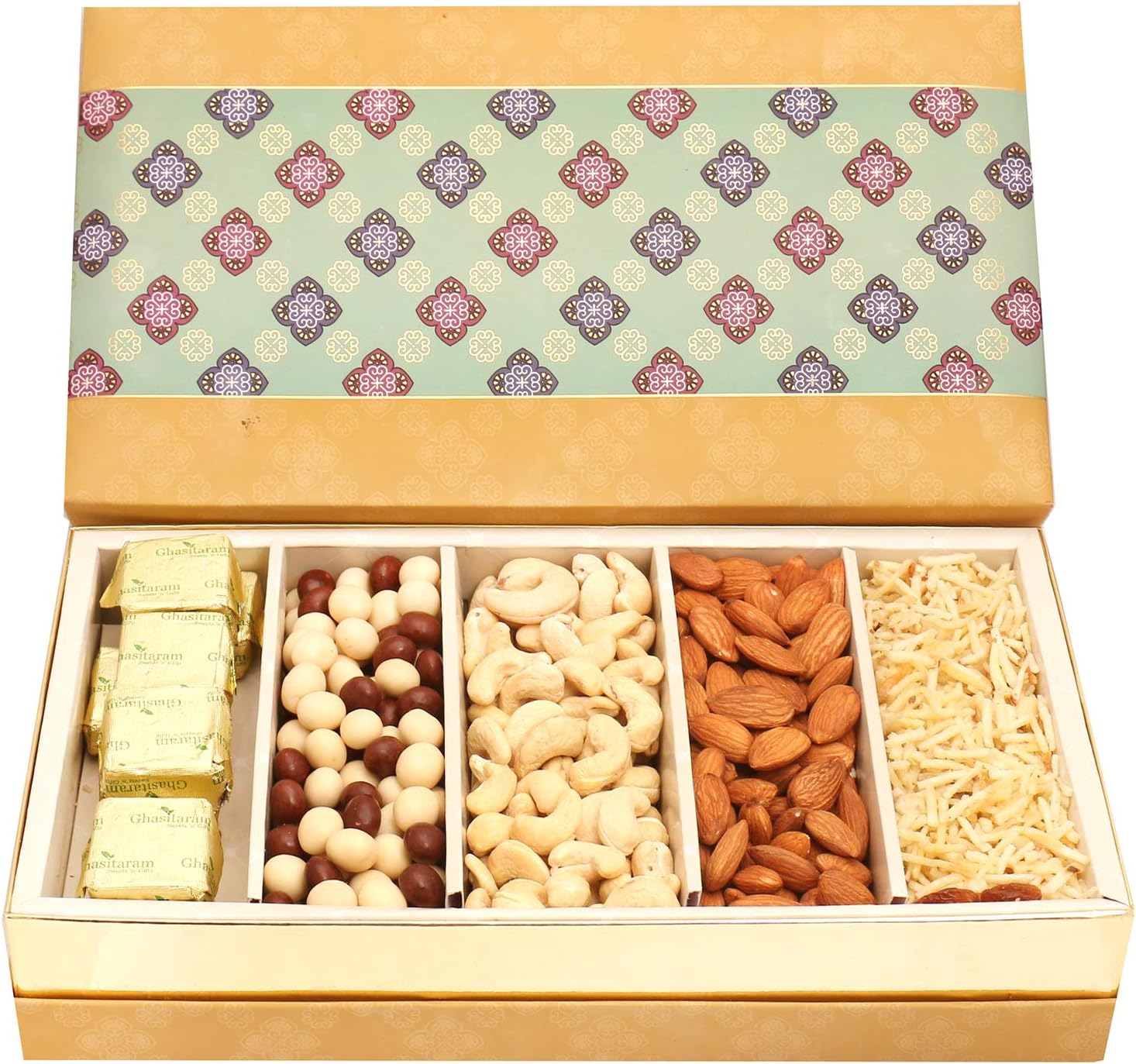 Ghasitaram Gifts Diwali Gifts Diwali Dryfruit - 5 Part Print Almonds, Cashews, Nutties, Namkeen and Chocolate Box