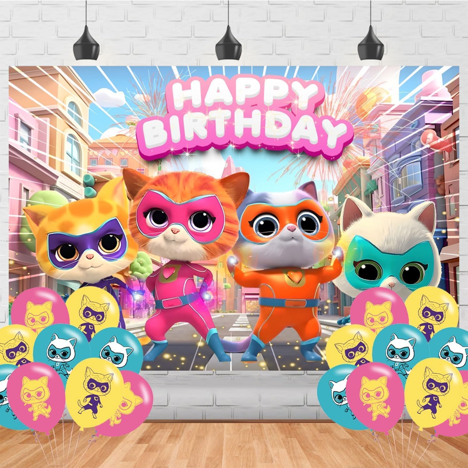 Super Kitties Birthday Party Backdrop Photo Background Cute Cartoon Cats Birthday Party Decorations Banner Super Kitties Girls Theme Photography Backdrop