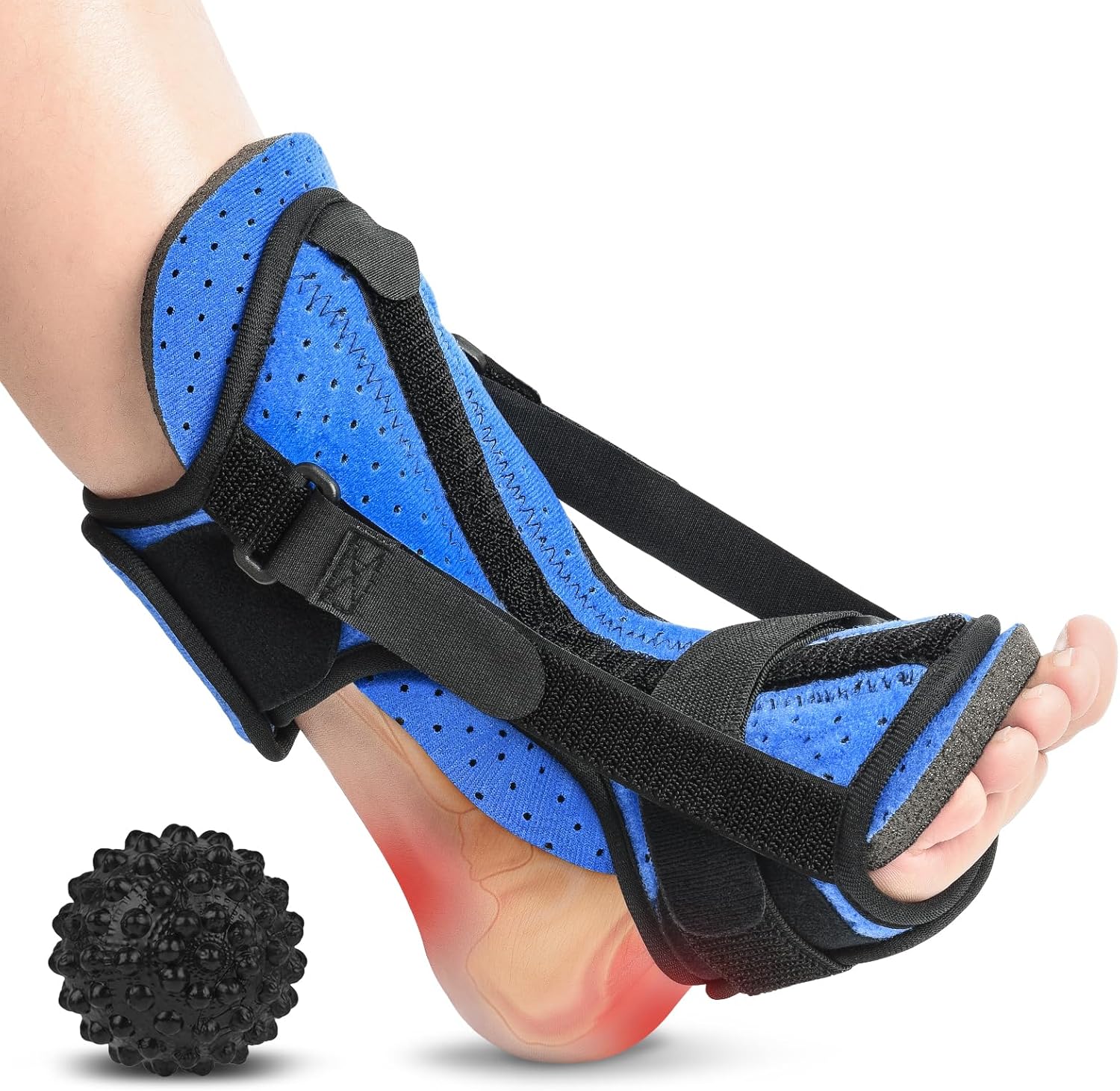Plantar Fasciitis Night Splint with Massage Ball, Adjustable Brace Dorsal Night Splint for Achilles Tendonitis Foot Drop Relief Arch Pain, Comfortable with 4 Straps for Secure Fit Black-Blue