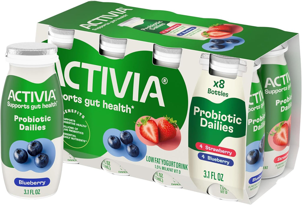 Activia Probiotic Dailies Strawberry and Blueberry Low Fat Yogurt Drinks, Delicious Daily Probiotic Yogurt Drinks to Help Support Gut Health, 3.1 fl oz, 8 Count