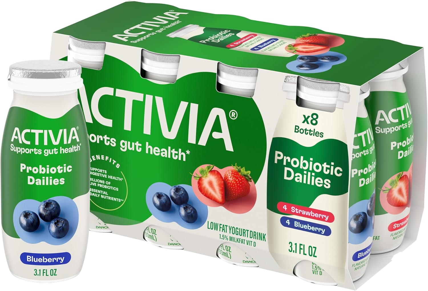 Activia Probiotic Dailies Strawberry and Blueberry Low Fat Yogurt Drinks, Delicious Daily Probiotic Yogurt Drinks to Help Support Gut Health, 3.1 fl oz, 8 Count