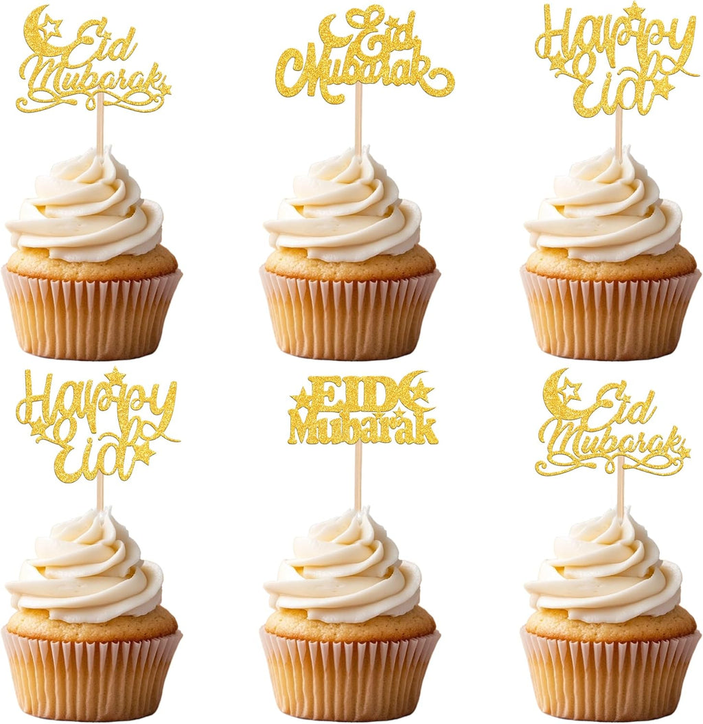 24 PCS Eid Mubarak Cupcake Toppers Gold Glitter Moon Star Ramadan Kareem Cupcake Picks Happy Eid Mubarak Cake Decorations for Ramadan Theme Islamic Muslim Party Cake Decorations Supplies