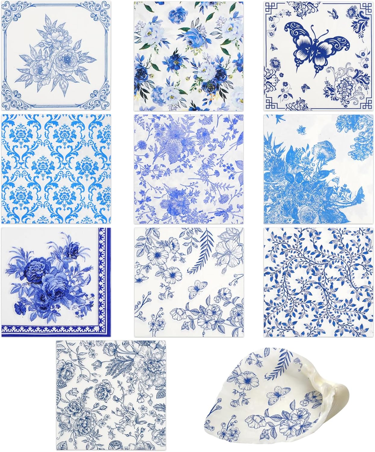 20 Pack 10 Styles Decoupage Paper Napkins, Blue Floral Decorative Cocktail Toile Napkins for DIY Crafting Birthday Party Baby Shower