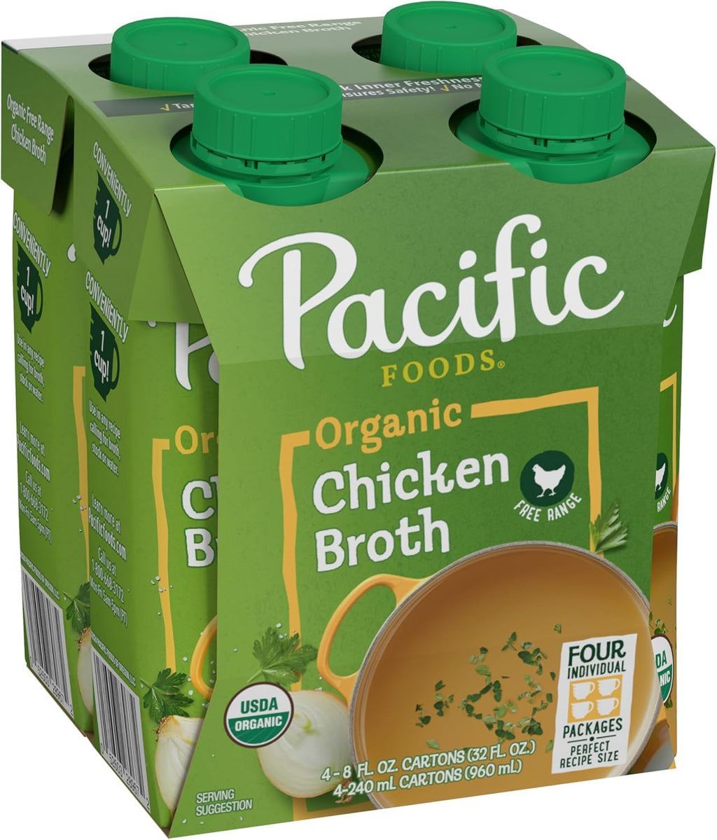 Pacific Foods Organic Free-Range Chicken Broth, 8 oz Carton (4 Pack)