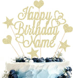 Personalized Happy Birthday Cake Topper | Customized Name Cake Decoration | Double Sided Glitter Card | Champagne Gold