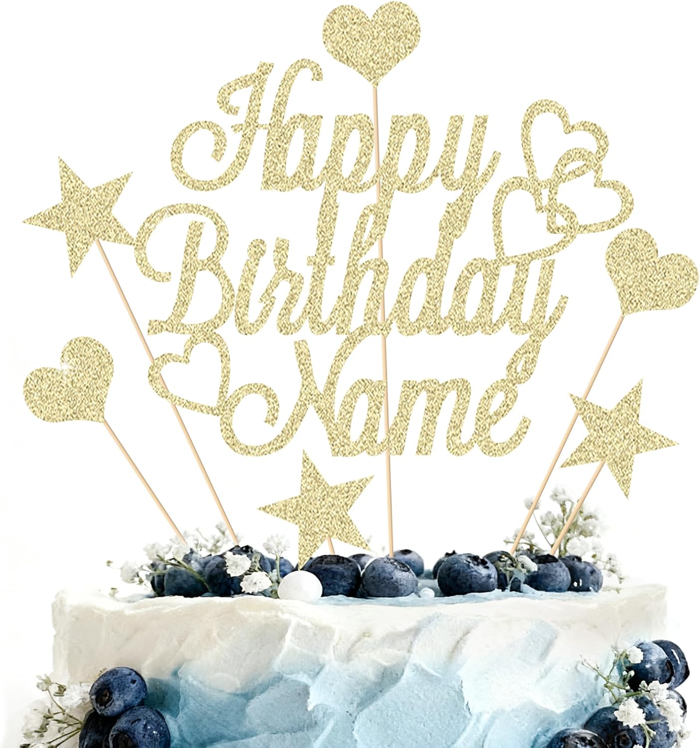 Personalized Happy Birthday Cake Topper | Customized Name Cake Decoration | Double Sided Glitter Card | Champagne Gold