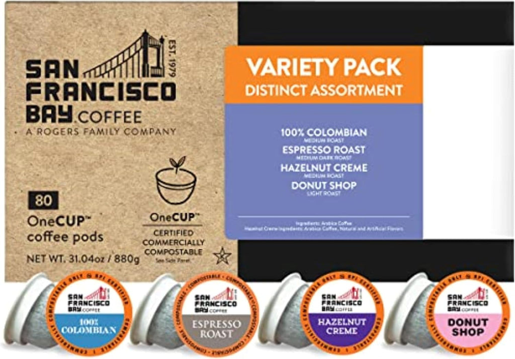 San Francisco Bay Compostable Coffee Pods - Assorted Variety Pack (80 Ct) K Cup Compatible including Keurig 2.0, Donut Shop, Colombian, Hazelnut, Espresso