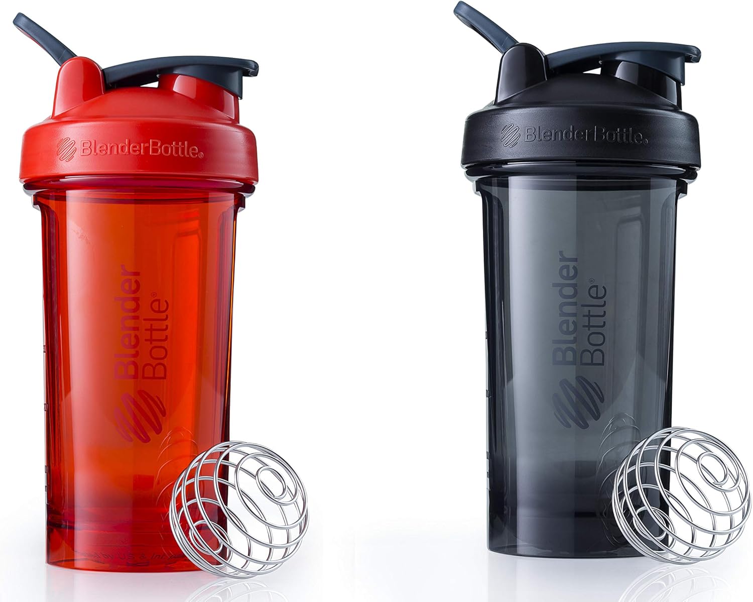 BlenderBottle Pro Series Shaker Bottle BlenderBall Rounded Base with SpoutGuard, 24 Ounce, 2-Pack (Black - Orange)