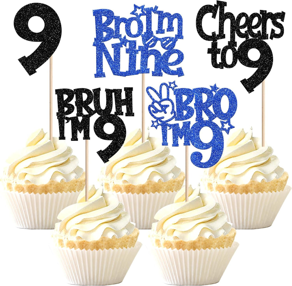 30 PCS Bro I'm 9 Cupcake Toppers Glitter Happy 9th Birthday Cupcake Picks Bruh I'm 9 Cake Decoration Cheers to Nine Years Old for Boys Brother 9th Birthday Party Cake Decorations Supplies Blue