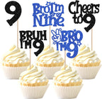 30 PCS Bro I'm 9 Cupcake Toppers Glitter Happy 9th Birthday Cupcake Picks Bruh I'm 9 Cake Decoration Cheers to Nine Years Old for Boys Brother 9th Birthday Party Cake Decorations Supplies Blue