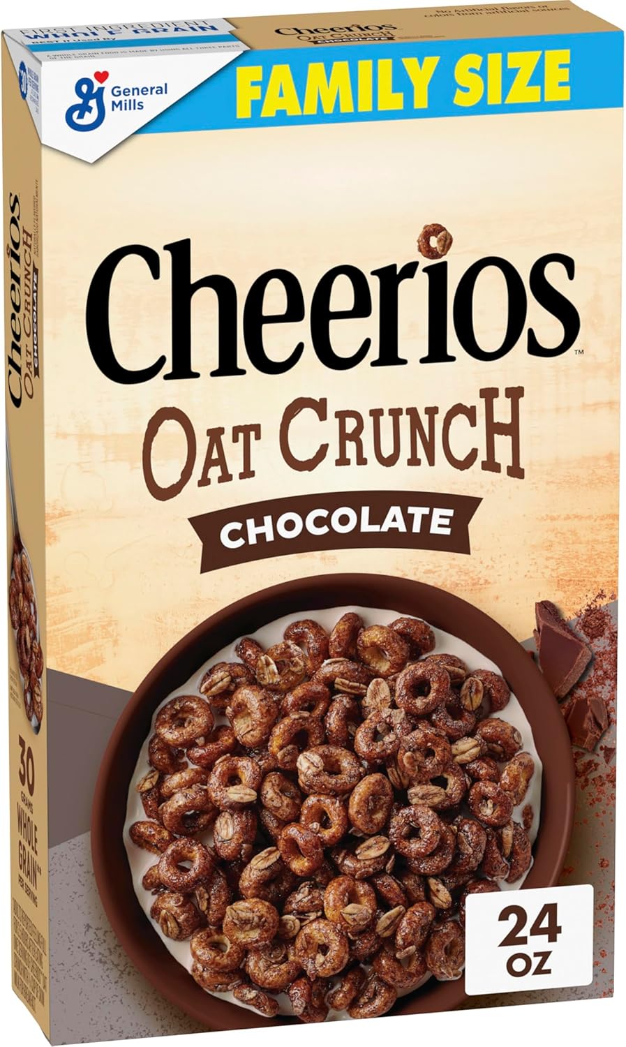 Cheerios Oat Crunch Chocolate Breakfast Cereal, Made with Whole Grain, Family Size, 24 oz