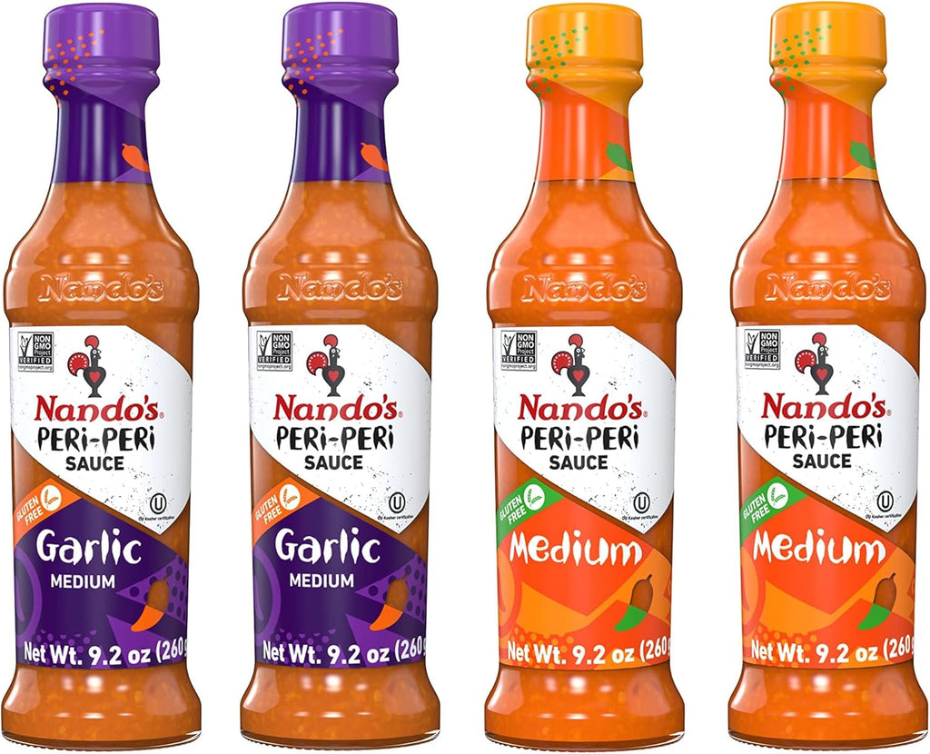 Nando's PERi-PERi Signature Hot Sauce Pack - Our Flavorful Medium Sauce and Garlic Sauce Bundle - Piri Piri Sauce Set 9.1oz Bottle (4 Pack)