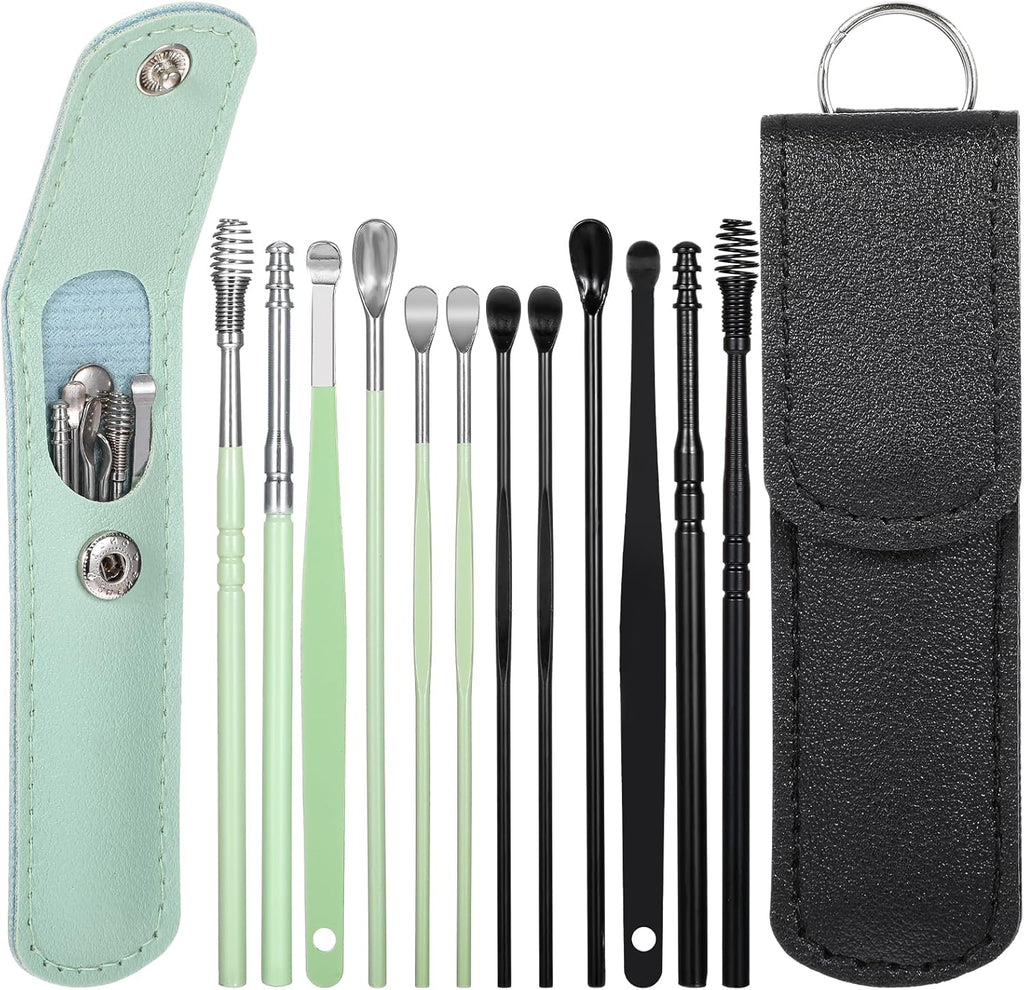 Prasacco 12 Pcs/2 Sets Earwax Removal Kit, Ear Cleaning Tool Set Ear Pick Earwax Removal Kit Stainless Steel Ear Clean Tool Safe Ear Wax Removal Tool Ear Wax Remover with PU Case (Black+Green)