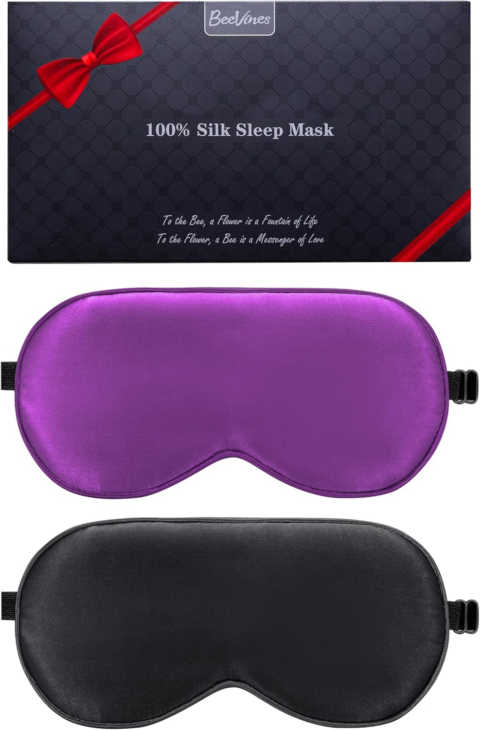 BeeVines 100% Real Mulberry Silk 2 Pack Sleep Mask, Pure Silk Eye Masks with Adjustable Strap for Sleeping, 100% Block Light Eye Shade Cover, Reduces Puffy Eyes Traveling Gifts(Black & Rich Purple)