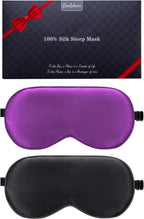 BeeVines 100% Real Mulberry Silk 2 Pack Sleep Mask, Pure Silk Eye Masks with Adjustable Strap for Sleeping, 100% Block Light Eye Shade Cover, Reduces Puffy Eyes Traveling Gifts(Black & Rich Purple)