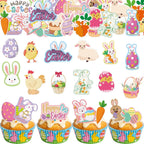 60PCS Edible Happy Easter Cupcake Toppers Wafer Paper Bunny Easter Eggs Cupcake Picks Edible Bunny Cupcake Decors for Easter Theme Baby Shower Birthday Easter Party Supplies