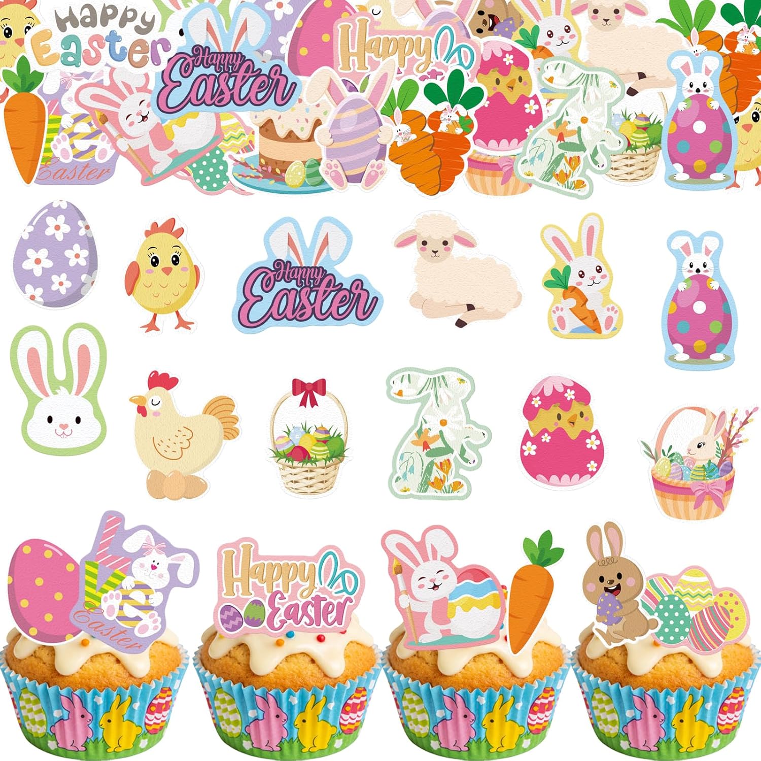 60PCS Edible Happy Easter Cupcake Toppers Wafer Paper Bunny Easter Eggs Cupcake Picks Edible Bunny Cupcake Decors for Easter Theme Baby Shower Birthday Easter Party Supplies