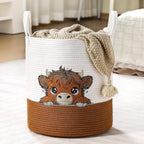 Honeydak Highland Cow Laundry Basket Brown Tall Cotton Rope Laundry Hamper Large Nursery Storage Basket for Toy Clothe Bathroom Bedroom Organization Decor, 15 x 17.7 Inches