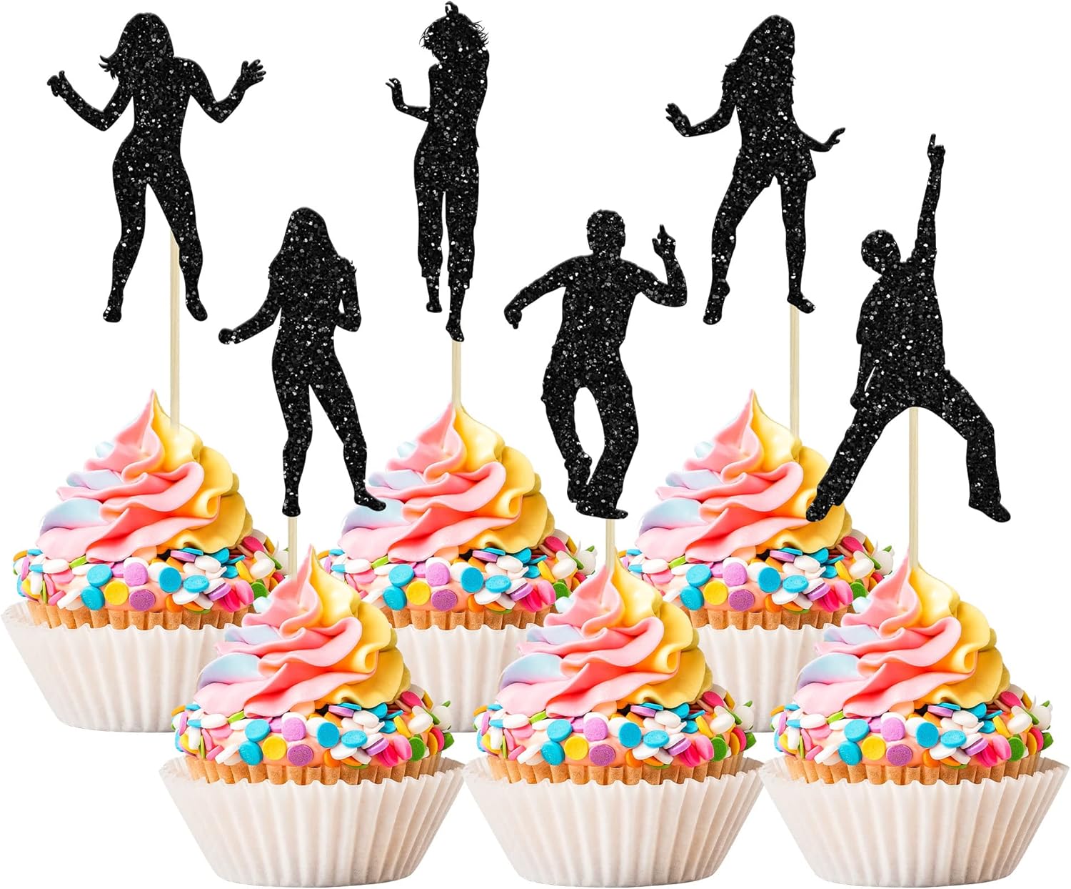 24Pcs Dancing Cupcake Toppers Glitter Dancing Hip Hop Theme Cake Toppers Birthday Cake Decoration for Wedding Anniversary Musical Party Supplies