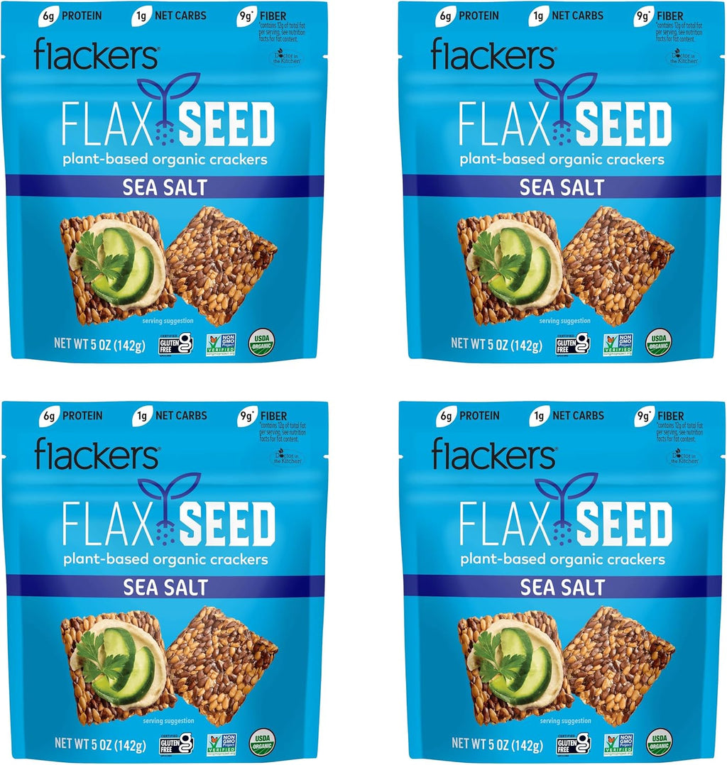 Flackers Organic Sea Salt Flaxseed Crackers, 5 Ounce 4-Pack, Gluten Free, Non GMO, Vegan, Keto Snack, 9g Fiber, 1g Net Carb