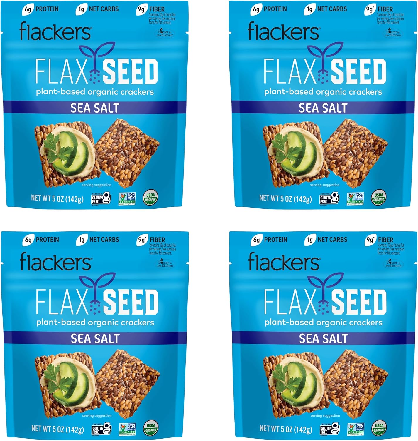 Flackers Organic Sea Salt Flaxseed Crackers, 5 Ounce 4-Pack, Gluten Free, Non GMO, Vegan, Keto Snack, 9g Fiber, 1g Net Carb