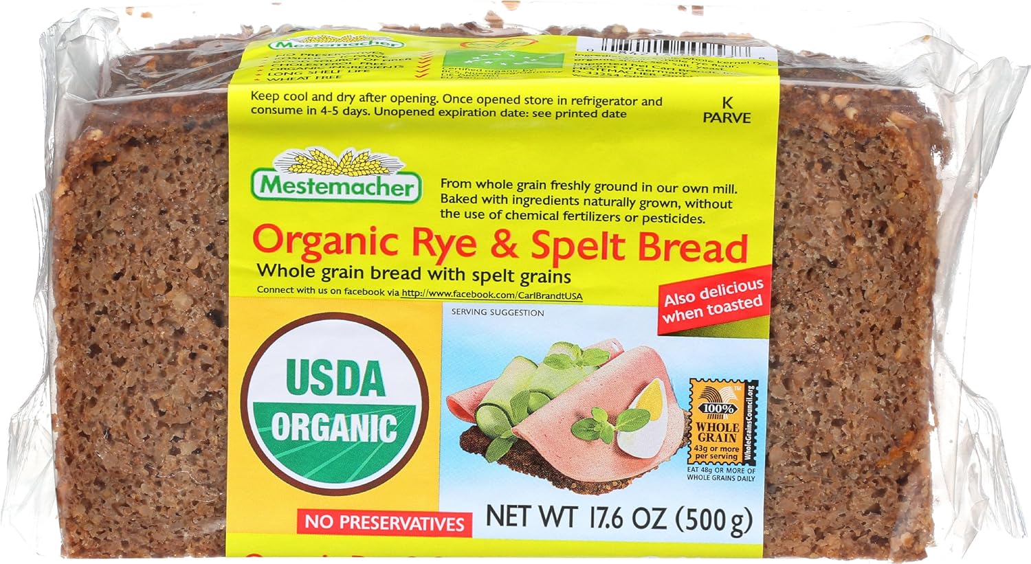 Mestemacher Bread Organic Rye & Spelt bread, 17.6 ounces