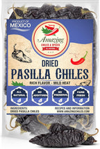 Pasilla Chiles Dried 4 oz - Staple in Mexican Cooking: Moles, Sauces, Stews, Salsa. Mild Heat – Punget and Tangy Flavor. By Amazing Chiles & Spices