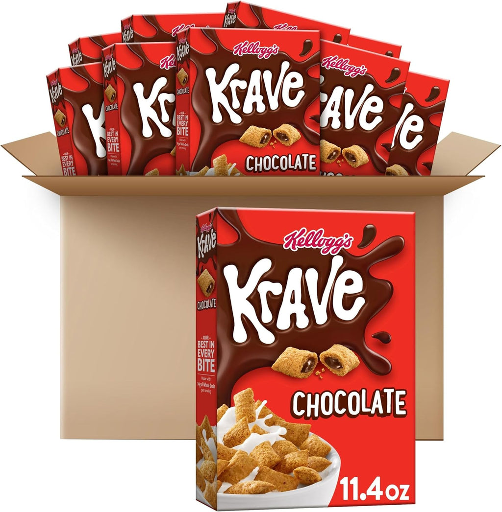 Kellogg's Krave Cold Breakfast Cereal, 7 Vitamins and Minerals, Kids Snacks, Chocolate (10 Boxes)