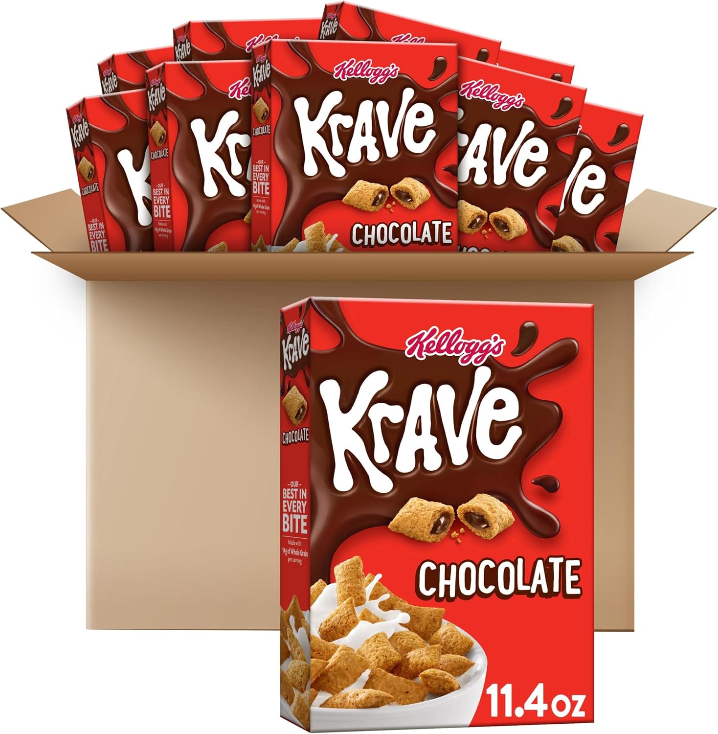 Kellogg's Krave Cold Breakfast Cereal, 7 Vitamins and Minerals, Kids Snacks, Chocolate (10 Boxes)