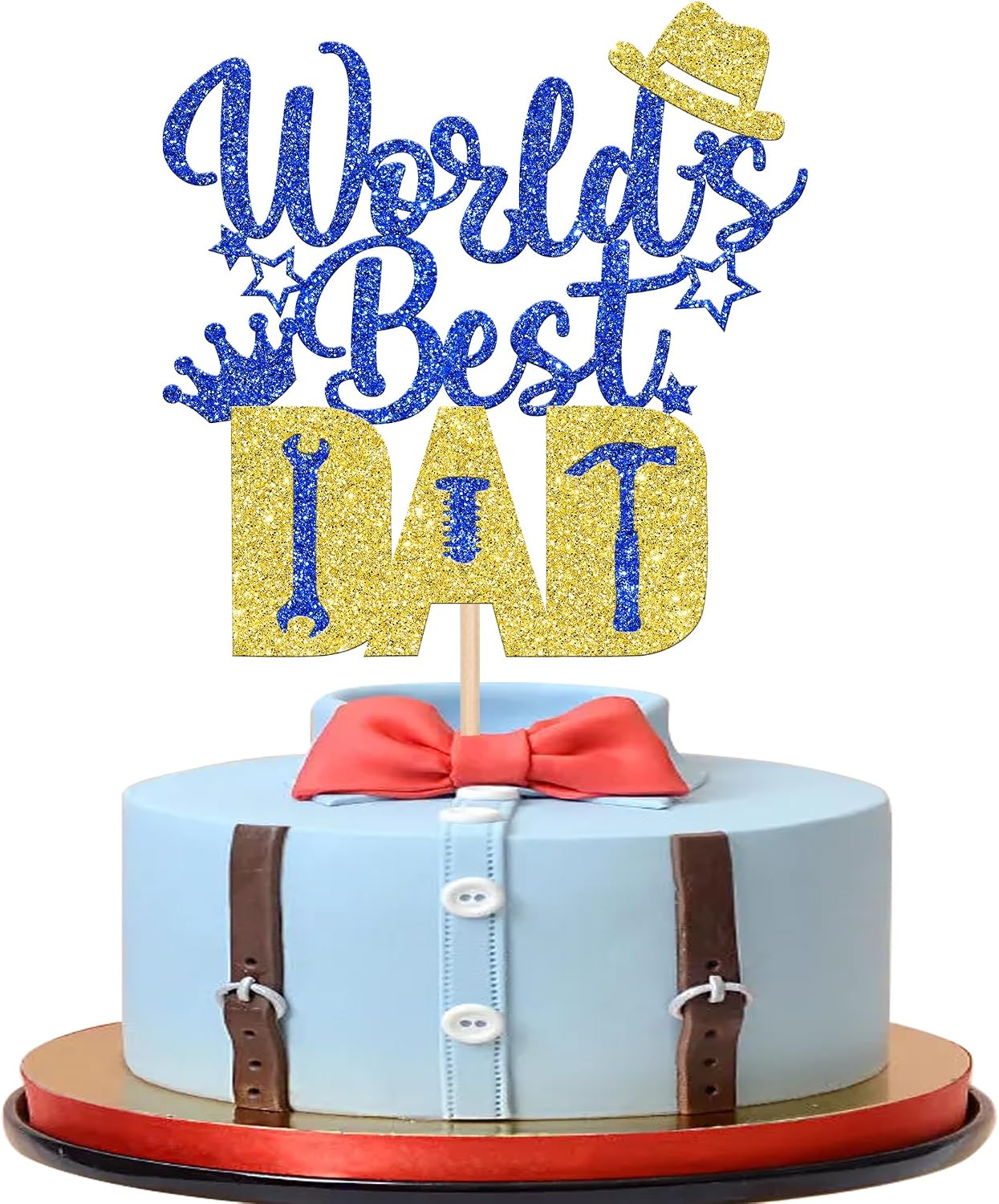 1 Pack Happy Father's Day Cake Topper Glitter World's Best Dad Cake Pick Hat Tool Love Dad Cake Decoration for Happy Father's day Theme Men Birthday Party Supplies Blue