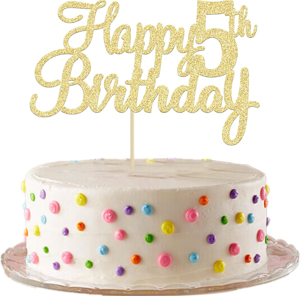 Gyufise 1Pc Happy 5th Birthday Cake Topper Glitter 5th Birthday Cake Pick Cheers to 5 Years Old Five Fabulous Cake Decorations for 5th Birthday Theme Party Supplies Gold