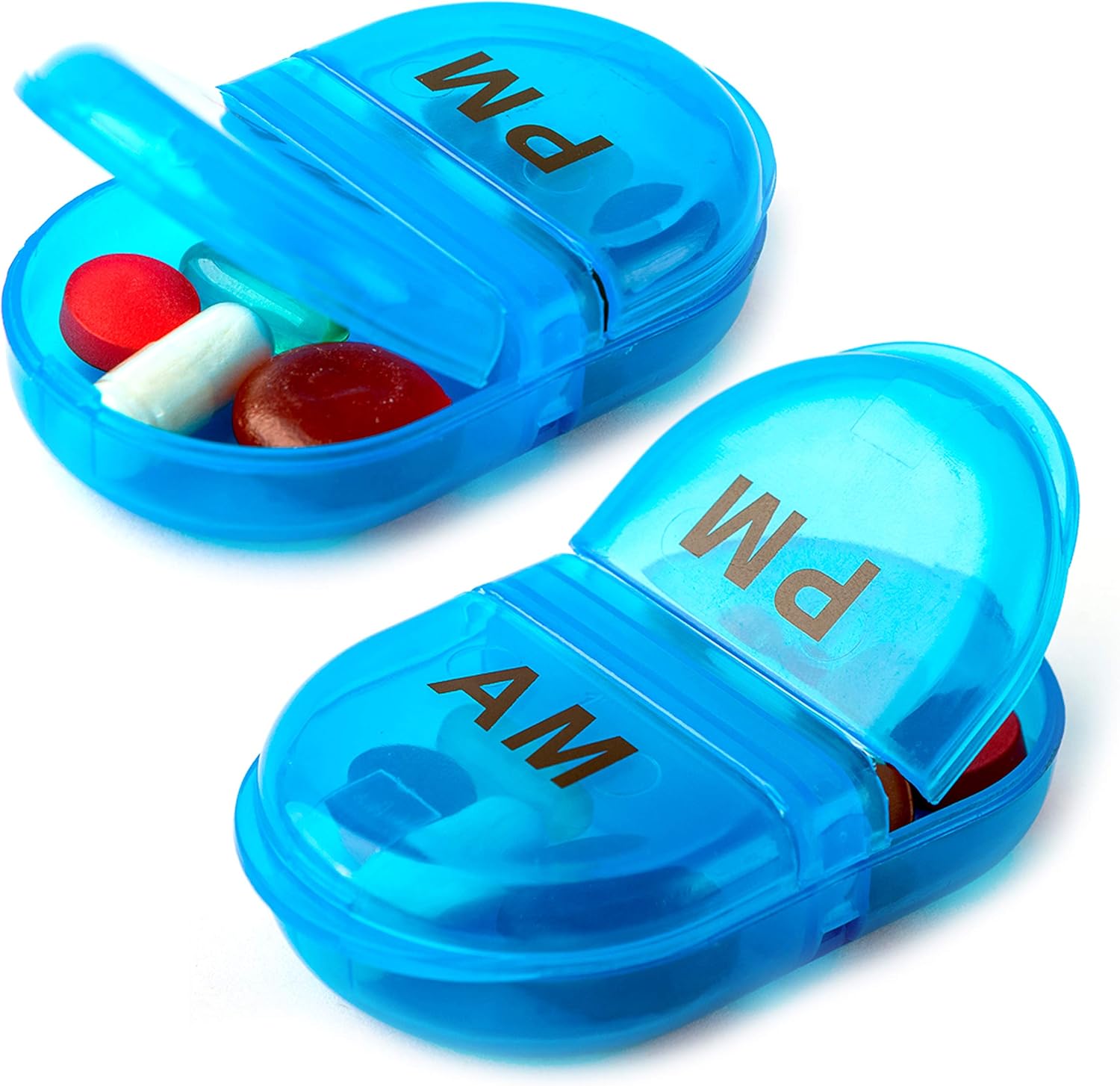 Deke Home - Pill Organizer AM PM, 2 Compartment Pill Box for Pocket or Purse, Small Daily Medicine Case, Travel Pill Holder, Easy Open Pill Container for Seniors, Vitamins & Supplements (Blue)