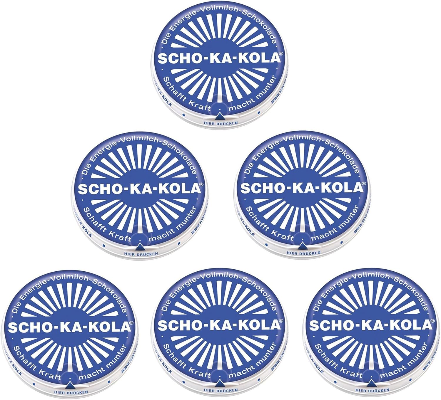 SCHO-KA-KOLA Milk Chocolate with natural Caffeine from Cocoa, Cola-Nut-Powder and Coffee 6 tins x 100 g/Germany