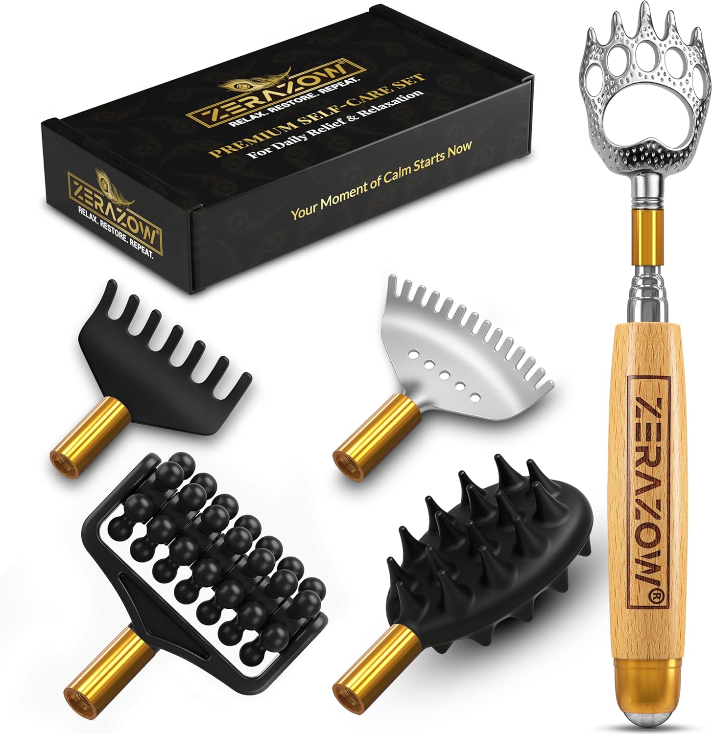 ZERAZOW® Extendable Back Scratcher for Men & Women, Telescoping Wooden Back Scratcher Set with 5 Detachable Heads, Head & Scalp Scratcher, Back Massager Stick, Mother’s Day Gifts for Women & Men
