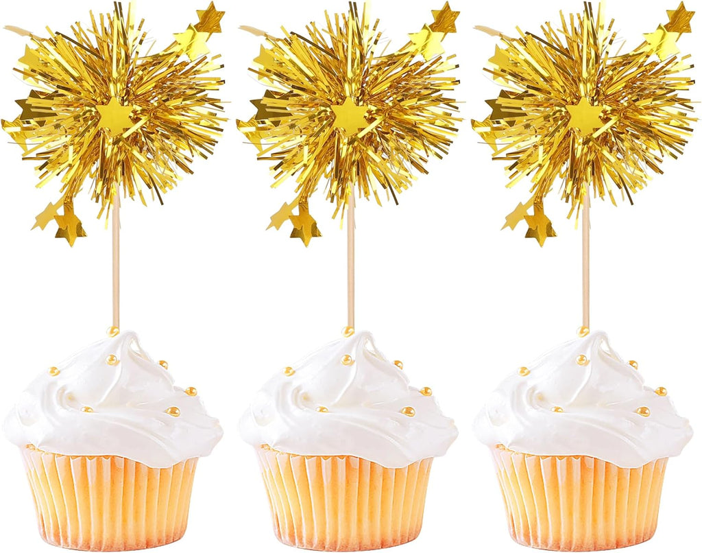 Rsstarxi 30 Pack Foil Firework Cupcake Toppers Gold Happy Birthday Cupcake Toppers Sparkle Tinsel Drink Stirrers Cocktail Toothpicks for New Years Eve Wedding Christmas Party Cake Decorations