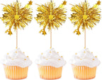 Rsstarxi 30 Pack Foil Firework Cupcake Toppers Gold Happy Birthday Cupcake Toppers Sparkle Tinsel Drink Stirrers Cocktail Toothpicks for New Years Eve Wedding Christmas Party Cake Decorations
