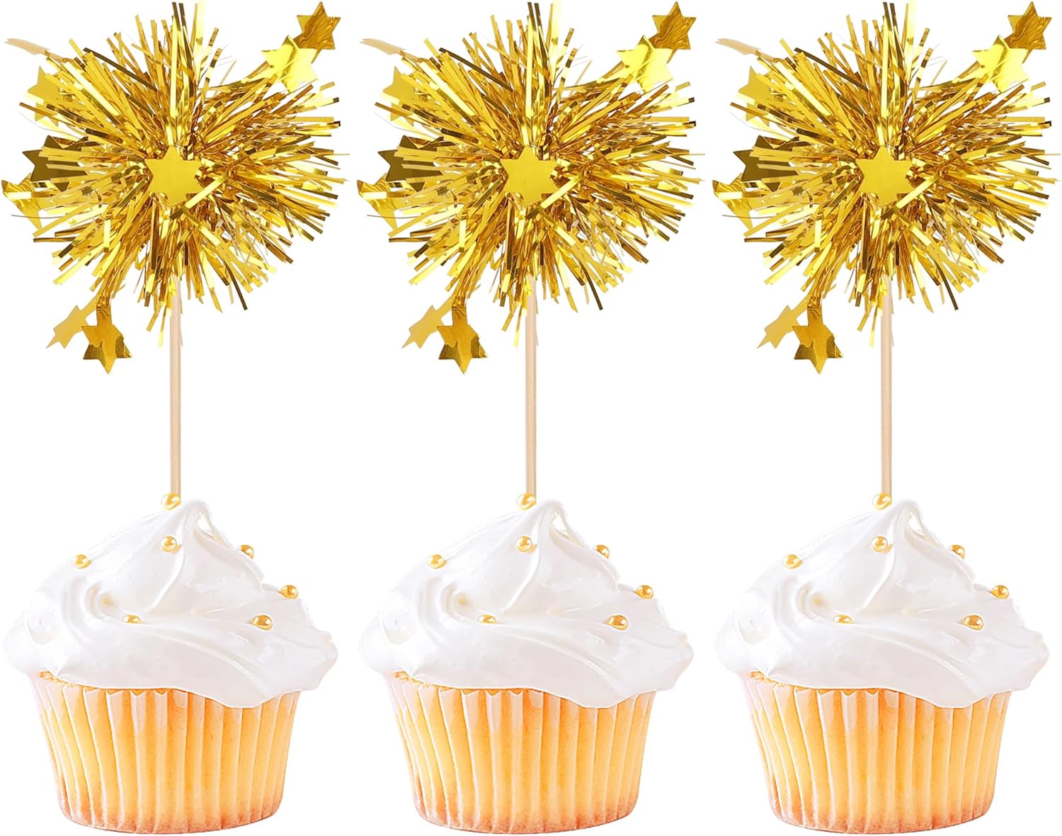 Rsstarxi 30 Pack Foil Firework Cupcake Toppers Gold Happy Birthday Cupcake Toppers Sparkle Tinsel Drink Stirrers Cocktail Toothpicks for New Years Eve Wedding Christmas Party Cake Decorations