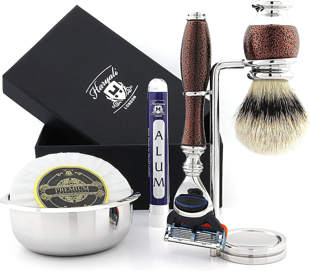 Haryali London 6 Pc Mens Shaving Kit 5 Edge Razor with Silver Tip Badger Hair Shaving Brush, Stand, Soap, Bowl and Alum Perfect Set for Men