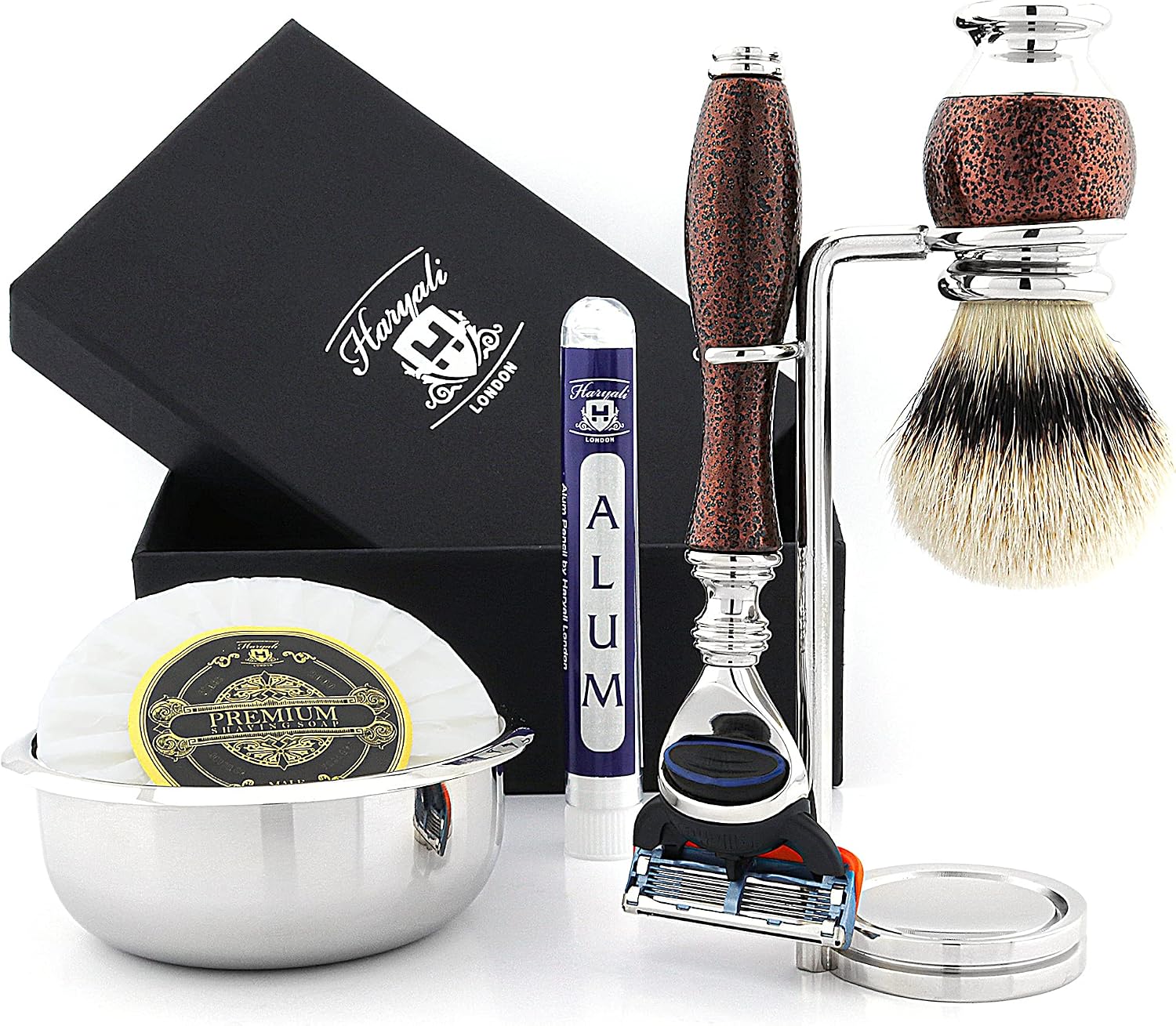 Haryali London 6 Pc Mens Shaving Kit 5 Edge Razor with Silver Tip Badger Hair Shaving Brush, Stand, Soap, Bowl and Alum Perfect Set for Men