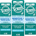 Tom’s of Maine Rapid Relief Plus Sensitive Toothpaste, Fluoride Free, 4.5 Oz, 3 Pack, Sensitive Teeth Toothpaste, Enamel Safe, Builds Arginine and Calcium Shield Around Teeth, Gentle Mint