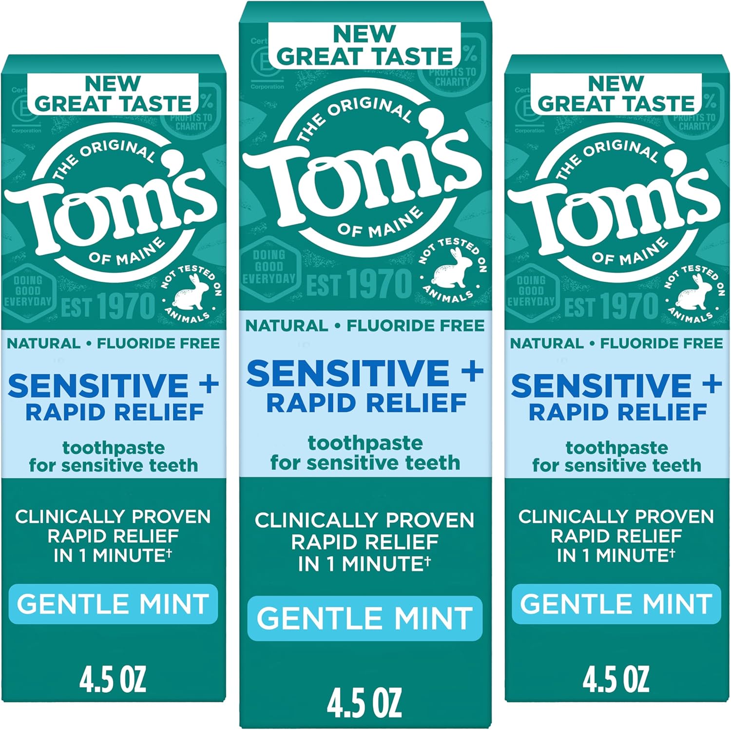 Tom’s of Maine Rapid Relief Plus Sensitive Toothpaste, Fluoride Free, 4.5 Oz, 3 Pack, Sensitive Teeth Toothpaste, Enamel Safe, Builds Arginine and Calcium Shield Around Teeth, Gentle Mint