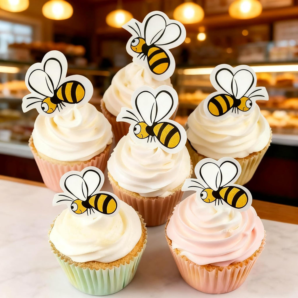 56 Pcs Edible Bees Cake Decorations, Wafer Paper Bumble Bee Cupcake Toppers for Honey Bee Baby Shower, Birthday Party Decorations