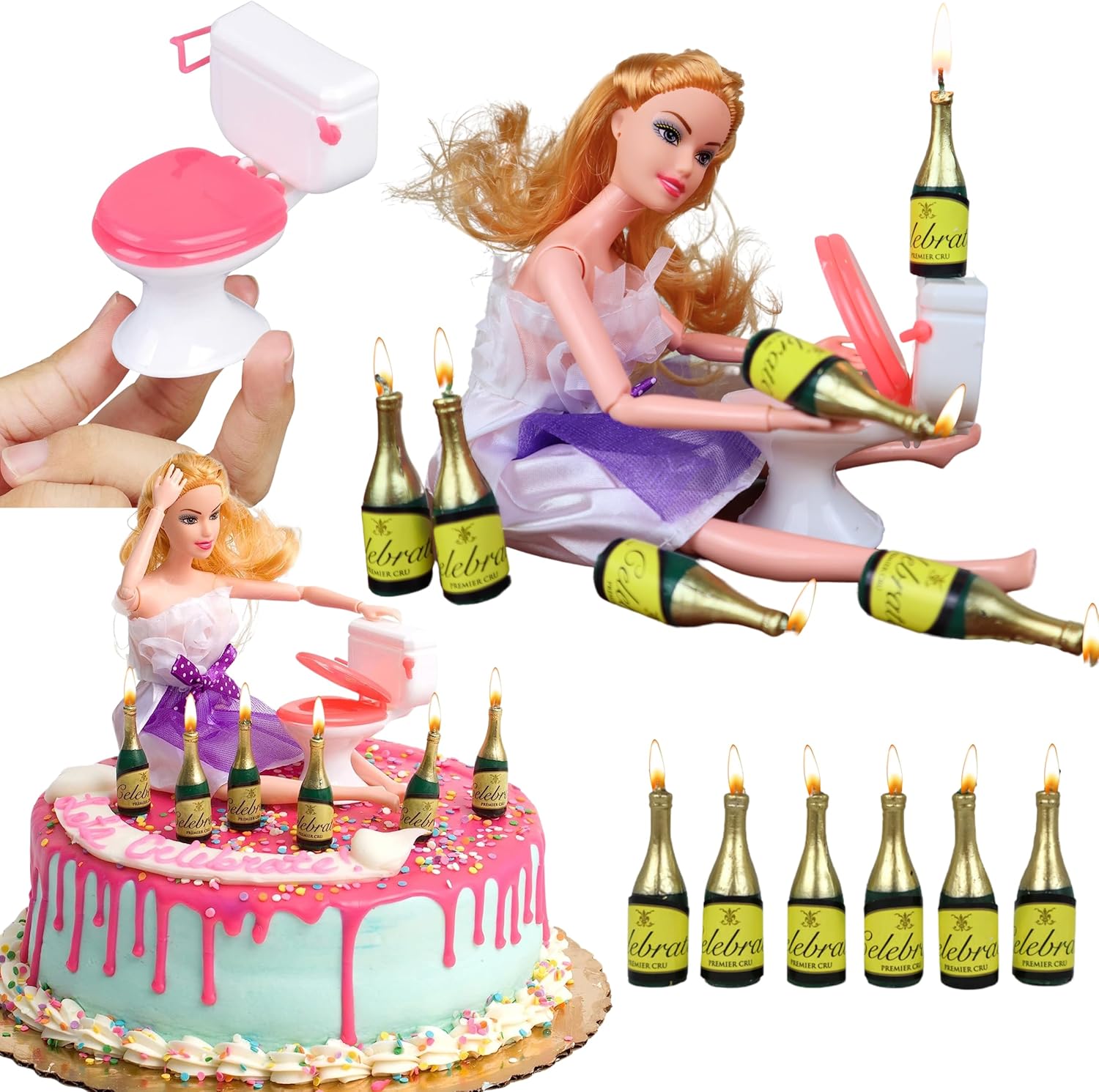 Drunk Doll Cake Topper Happy 21st Birthday Decorations For Her With Mini Liquor Champagne Wine Bottle Candles, Toilet & Large Jointed Doll | Funny Custom Cake Party Supplies For Bachelorette & More