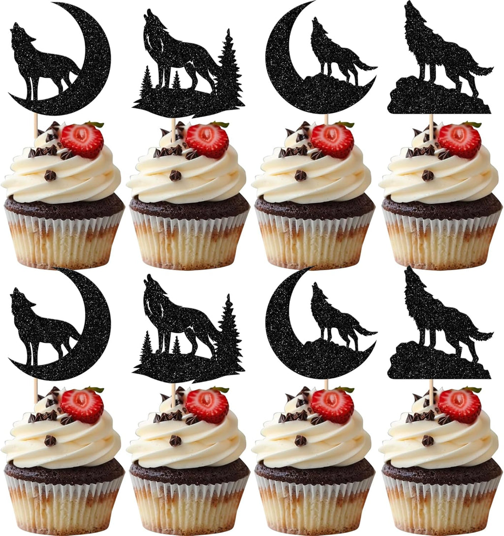 24 Pack Wolf Silhouette Cupcake Toppers Glitter Wolf Wild Animal Cupcake Picks for Animal Theme Baby Shower Kids Birthday Party Cake Decorations Supplies