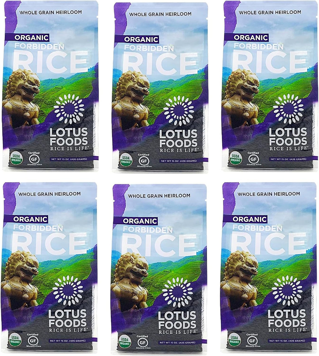 Lotus Foods Bulk Organic Forbidden Rice - Black Rice Organic, Purple Rice, Black Rice Bulk, Gluten Free Heirloom Rice, Whole Grain, Non GMO, Vegan - 15 Oz Bags (Pack of 6)