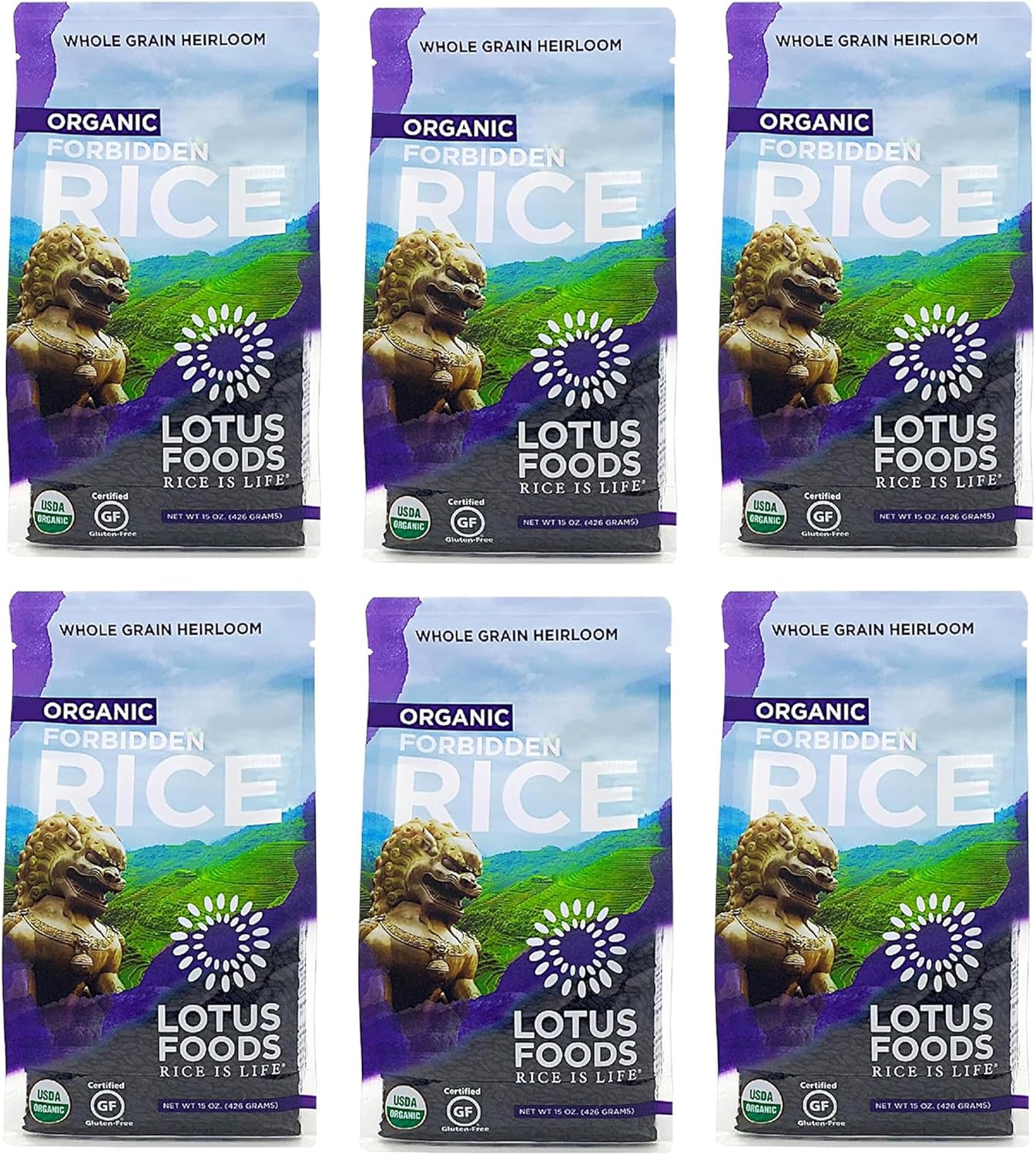 Lotus Foods Bulk Organic Forbidden Rice - Black Rice Organic, Purple Rice, Black Rice Bulk, Gluten Free Heirloom Rice, Whole Grain, Non GMO, Vegan - 15 Oz Bags (Pack of 6)