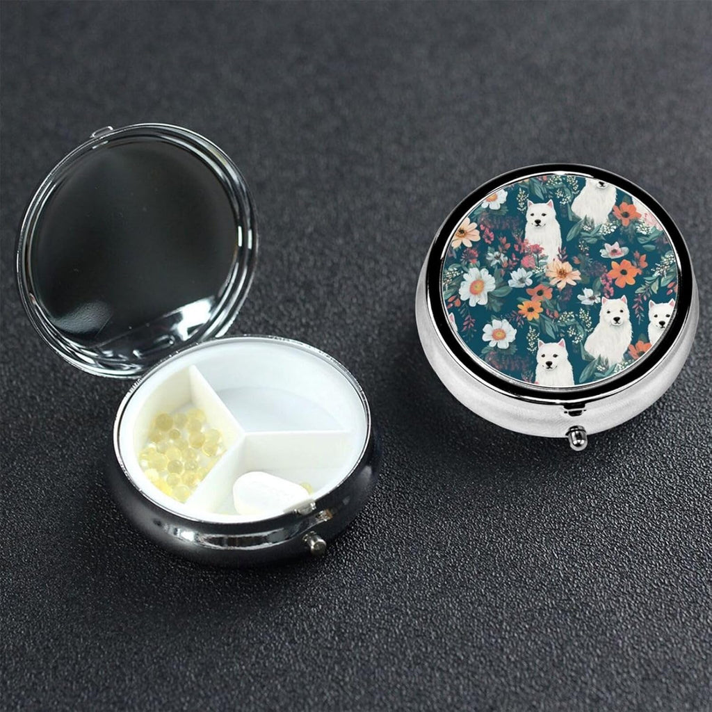 White Dog and Flowers Pill Box 3 Compartment Metal Pill Case Portable Travel Pill Organizer for Pocket or Purse Decorative Round Medicine Box Vitamin Container