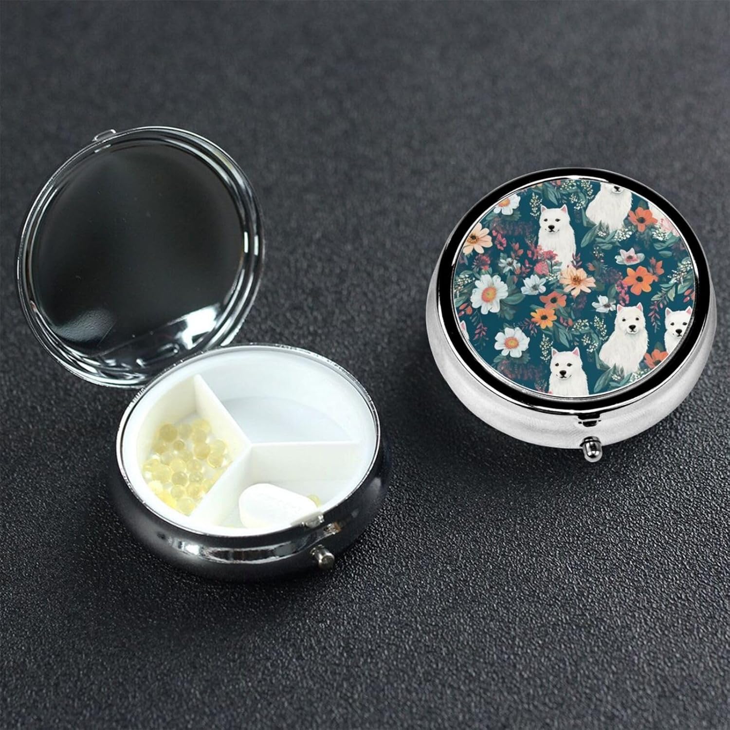 White Dog and Flowers Pill Box 3 Compartment Metal Pill Case Portable Travel Pill Organizer for Pocket or Purse Decorative Round Medicine Box Vitamin Container